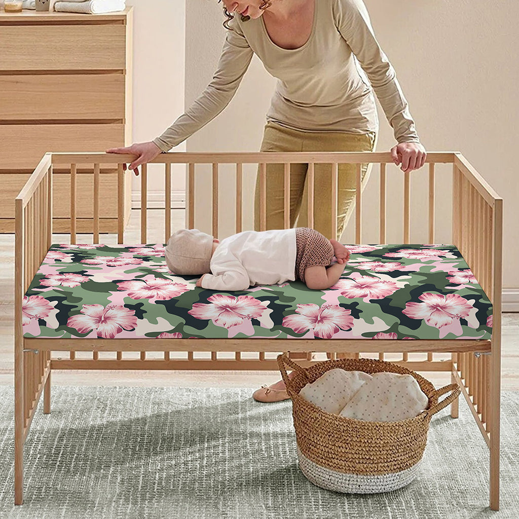 Pink Hibiscus Flower Camouflage Print Baby Crib Sheet