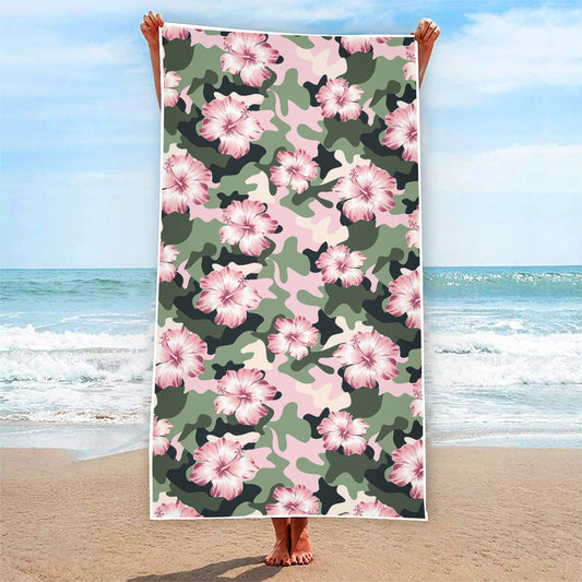 Pink Hibiscus Flower Camouflage Print Beach Towel