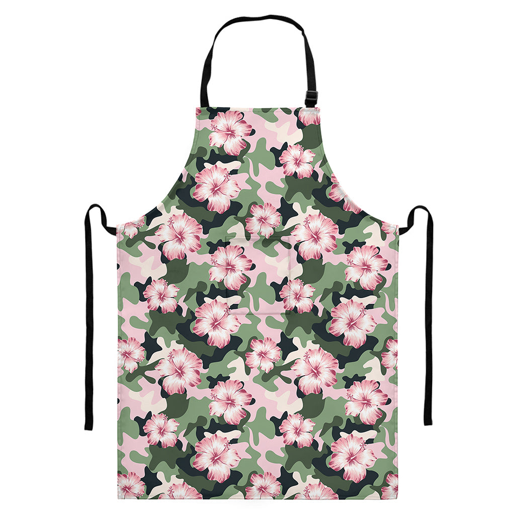 Pink Hibiscus Flower Camouflage Print Bib Apron With Pocket