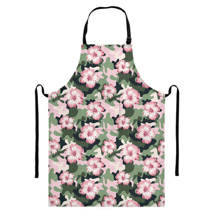 Pink Hibiscus Flower Camouflage Print Bib Apron With Pocket