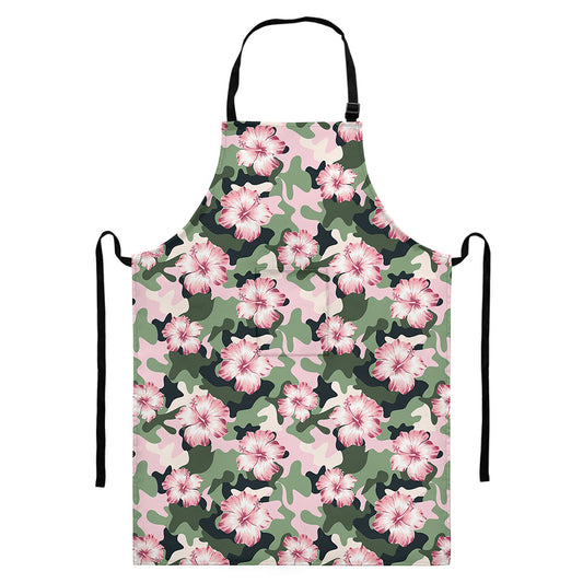 Pink Hibiscus Flower Camouflage Print Bib Apron With Pocket