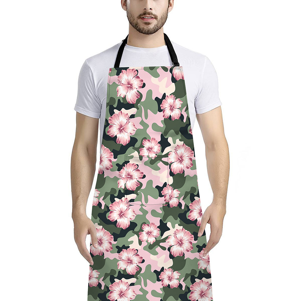 Pink Hibiscus Flower Camouflage Print Bib Apron With Pocket