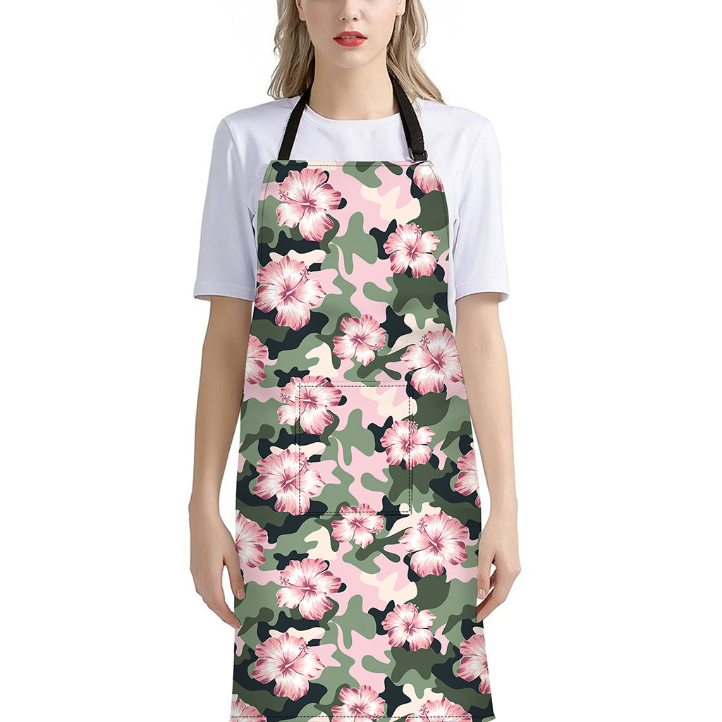 Pink Hibiscus Flower Camouflage Print Bib Apron With Pocket