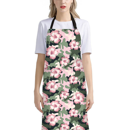 Pink Hibiscus Flower Camouflage Print Bib Apron With Pocket