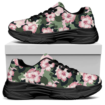 Pink Hibiscus Flower Camouflage Print Black Chunky Shoes