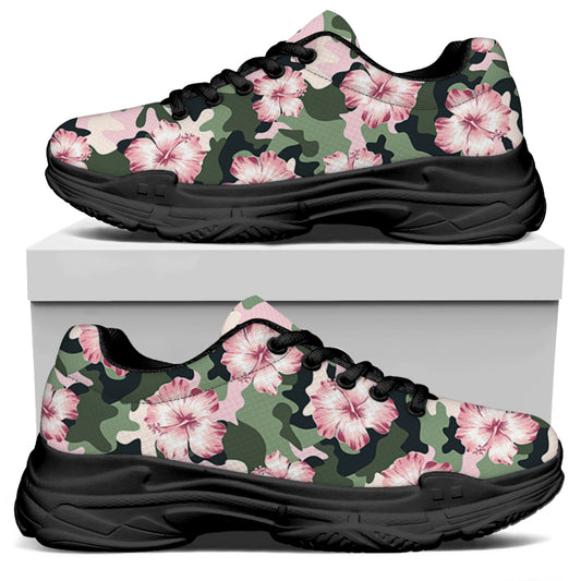 Pink Hibiscus Flower Camouflage Print Black Chunky Shoes