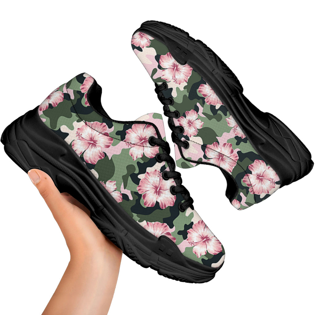 Pink Hibiscus Flower Camouflage Print Black Chunky Shoes