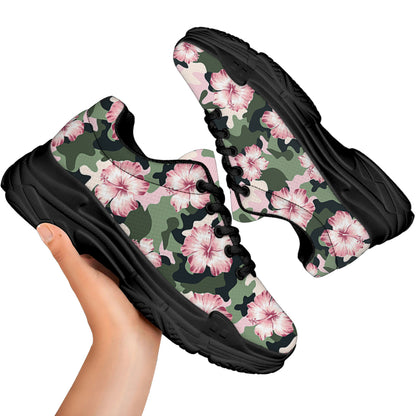 Pink Hibiscus Flower Camouflage Print Black Chunky Shoes