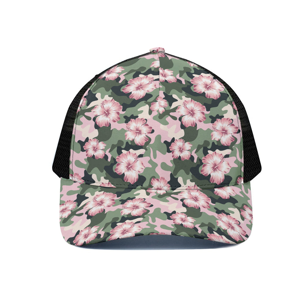 Pink Hibiscus Flower Camouflage Print Black Mesh Trucker Cap