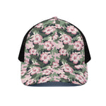 Pink Hibiscus Flower Camouflage Print Black Mesh Trucker Cap