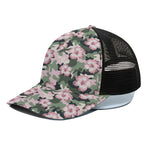 Pink Hibiscus Flower Camouflage Print Black Mesh Trucker Cap