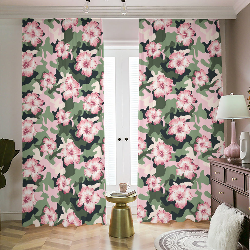 Pink Hibiscus Flower Camouflage Print Blackout Pencil Pleat Curtains