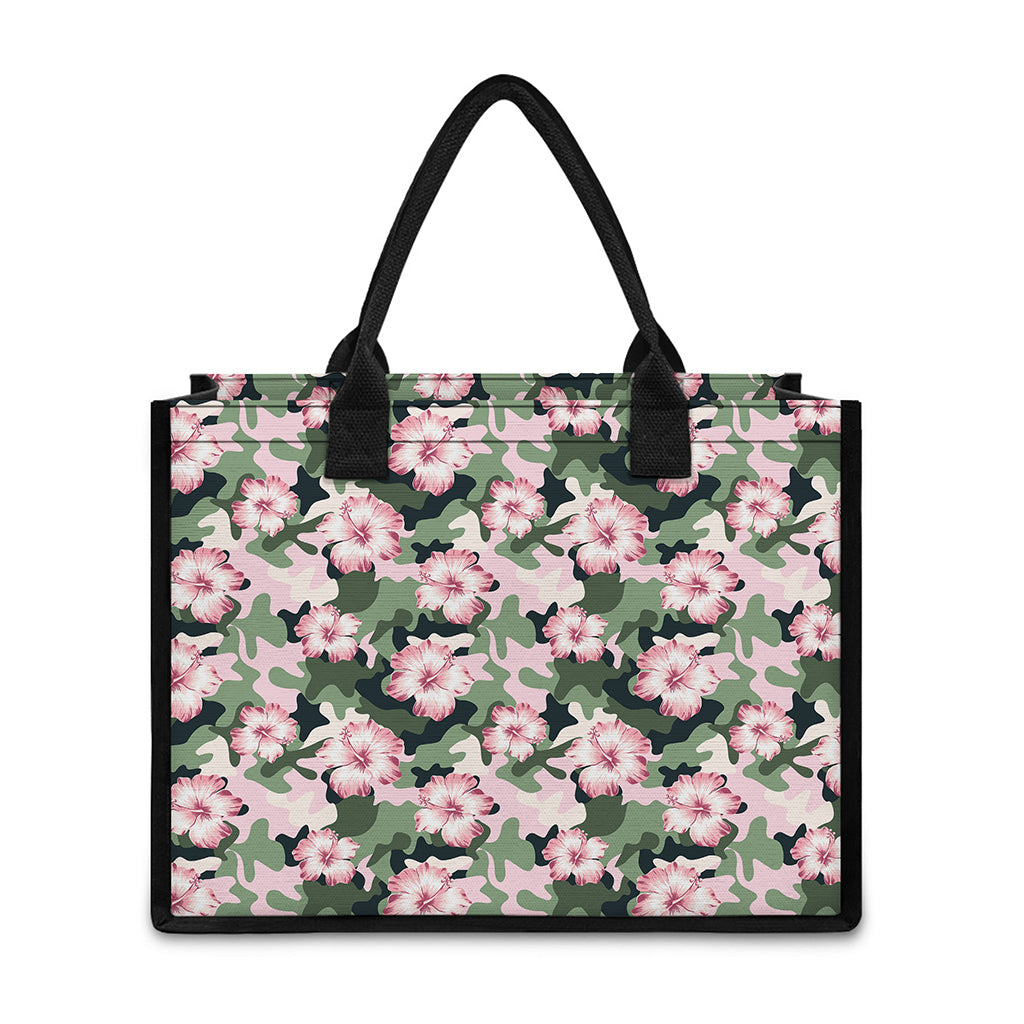 Pink Hibiscus Flower Camouflage Print Canvas Tote Bag