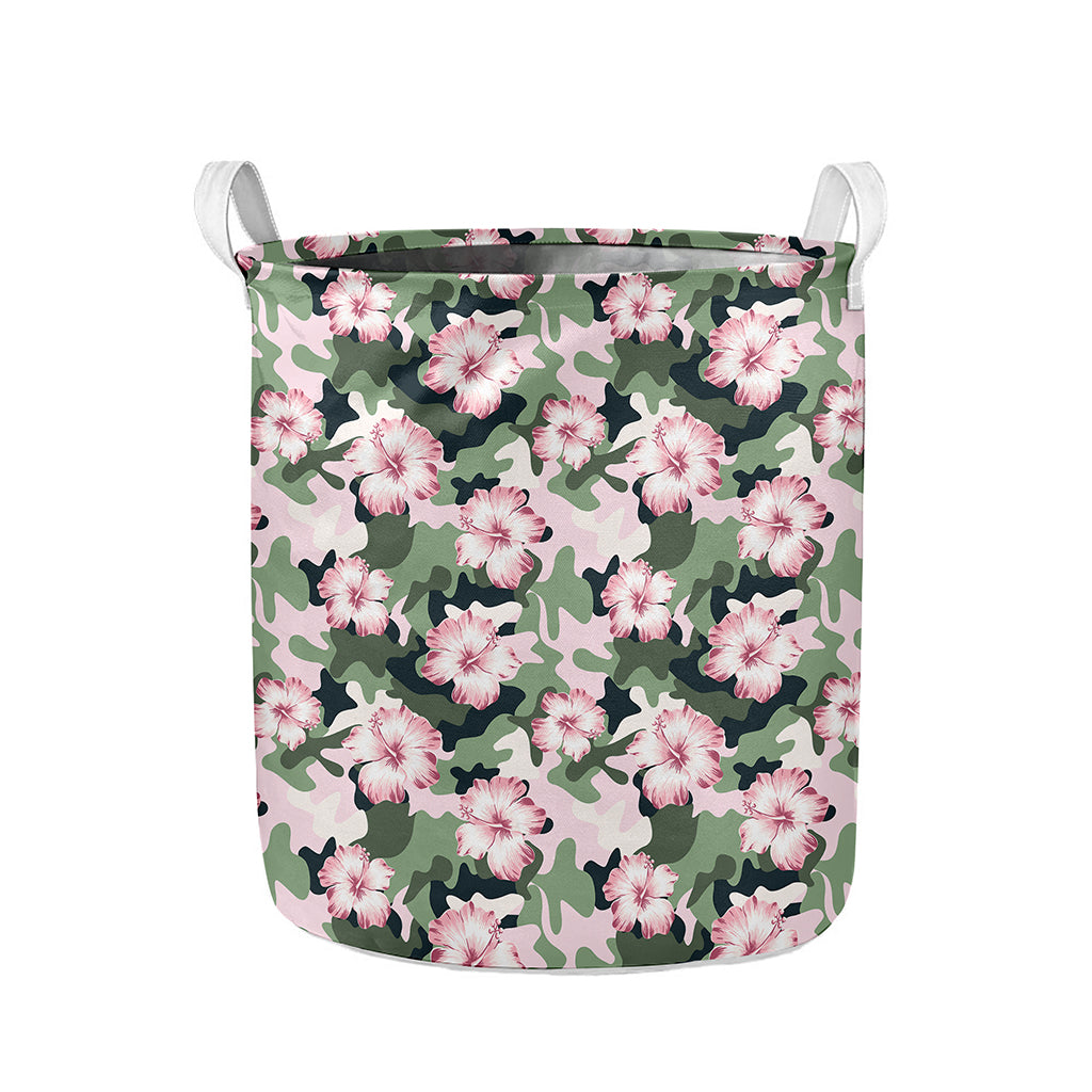 Pink Hibiscus Flower Camouflage Print Collapsible Laundry Basket