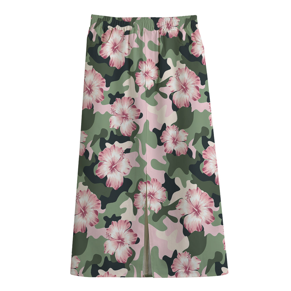Pink Hibiscus Flower Camouflage Print Cotton Front Slit Maxi Skirt