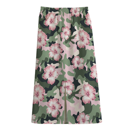 Pink Hibiscus Flower Camouflage Print Cotton Front Slit Maxi Skirt