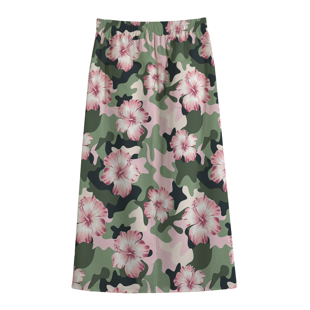 Pink Hibiscus Flower Camouflage Print Cotton Front Slit Maxi Skirt