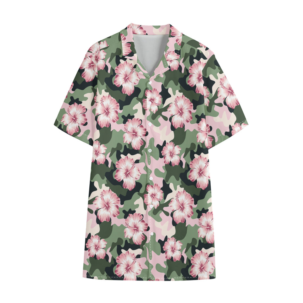 Pink Hibiscus Flower Camouflage Print Cotton Hawaiian Shirt