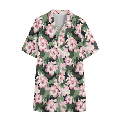 Pink Hibiscus Flower Camouflage Print Cotton Hawaiian Shirt