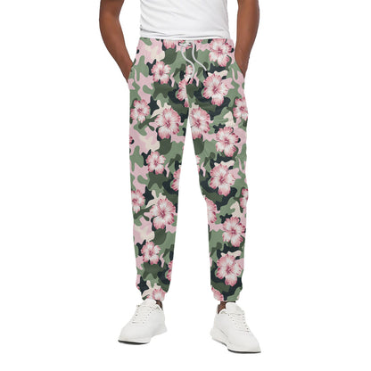Pink Hibiscus Flower Camouflage Print Cotton Pants