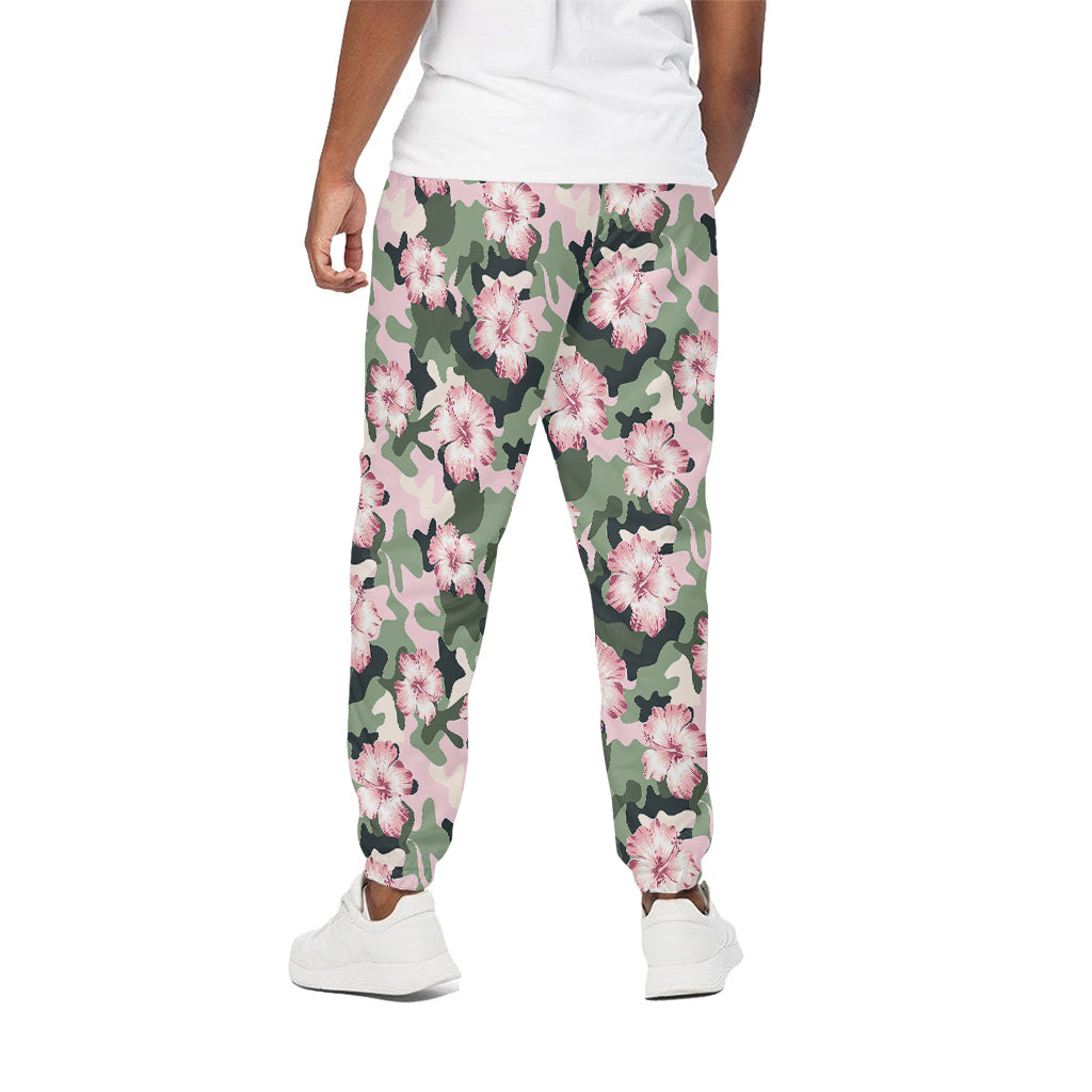 Pink Hibiscus Flower Camouflage Print Cotton Pants