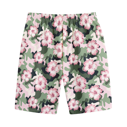 Pink Hibiscus Flower Camouflage Print Cotton Shorts