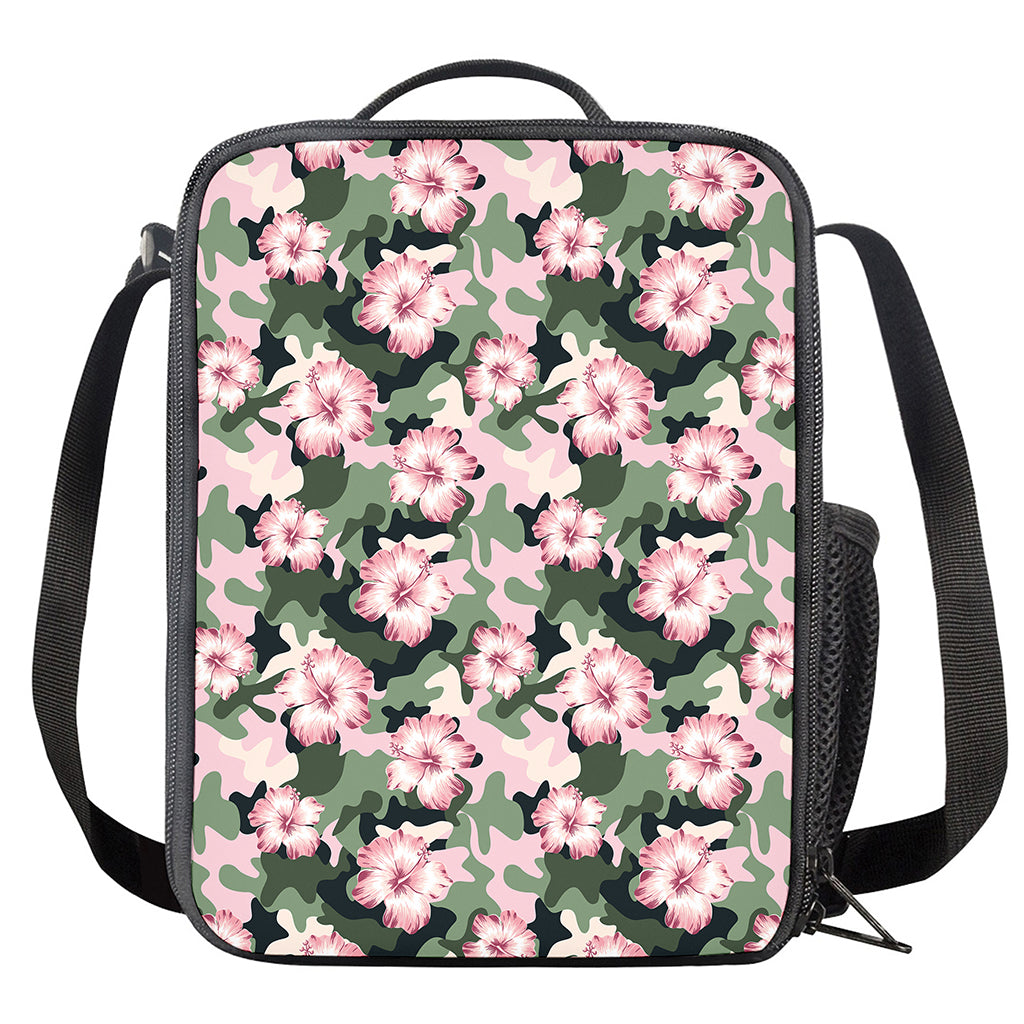 Pink Hibiscus Flower Camouflage Print Crossbody Lunch Bag