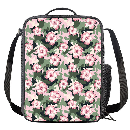 Pink Hibiscus Flower Camouflage Print Crossbody Lunch Bag