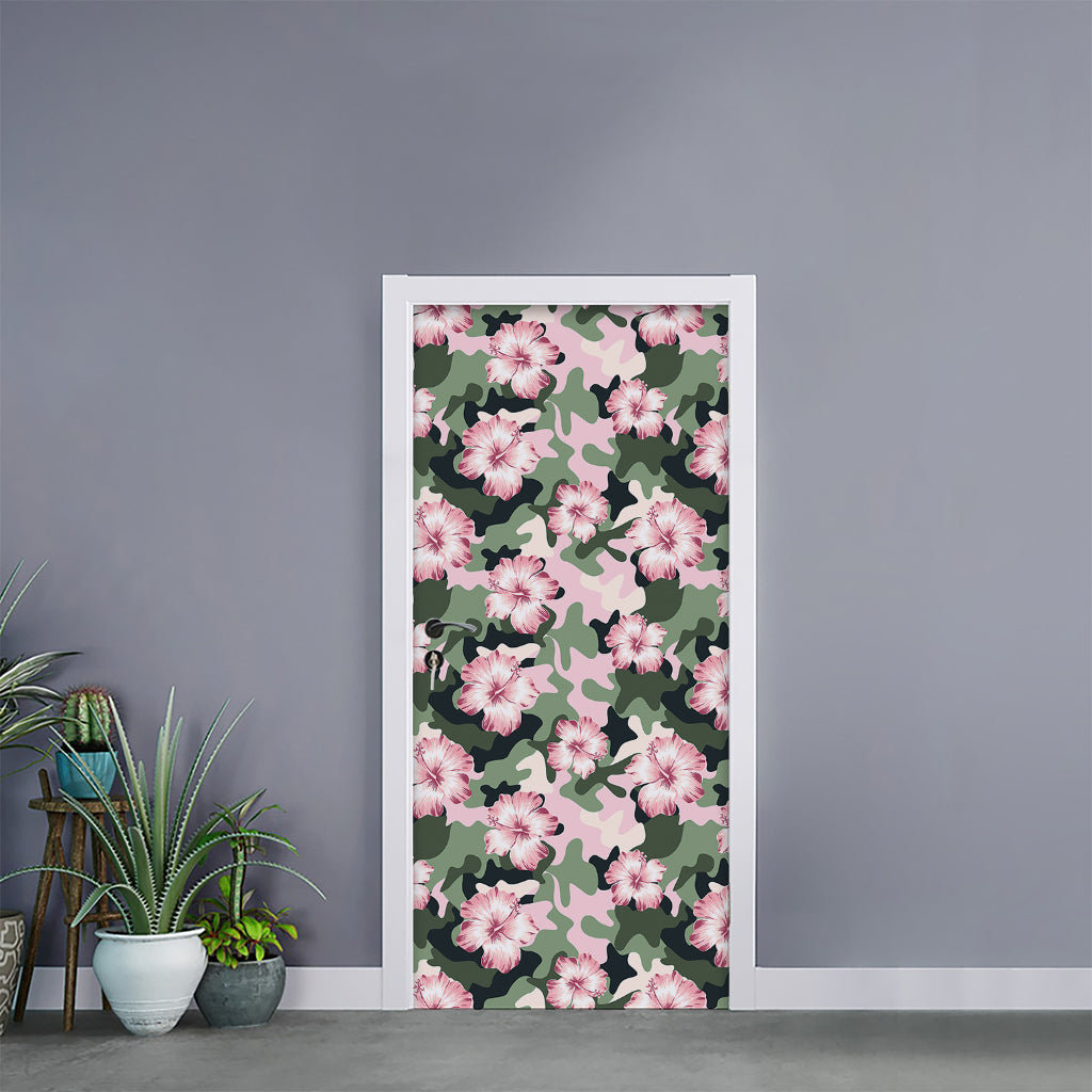 Pink Hibiscus Flower Camouflage Print Door Sticker