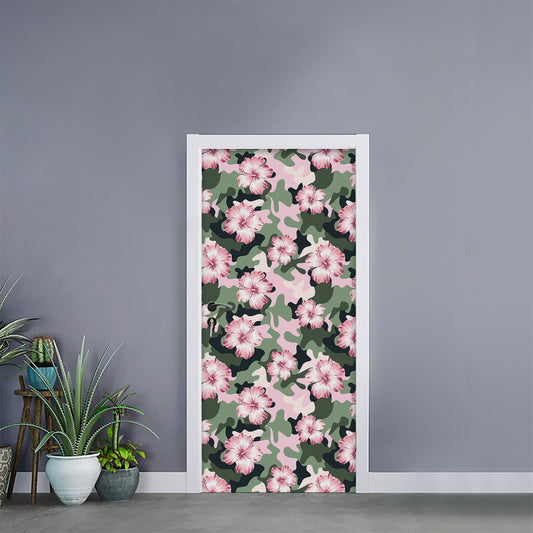 Pink Hibiscus Flower Camouflage Print Door Sticker