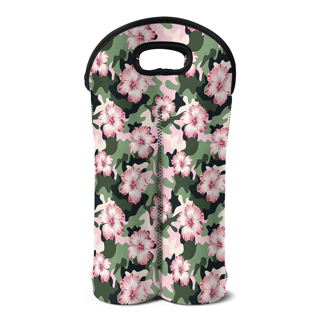 Pink Hibiscus Flower Camouflage Print Double Neoprene Wine Tote
