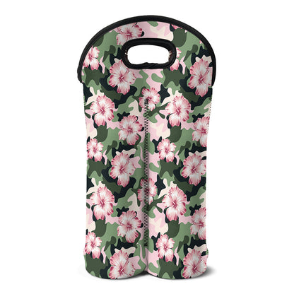 Pink Hibiscus Flower Camouflage Print Double Neoprene Wine Tote