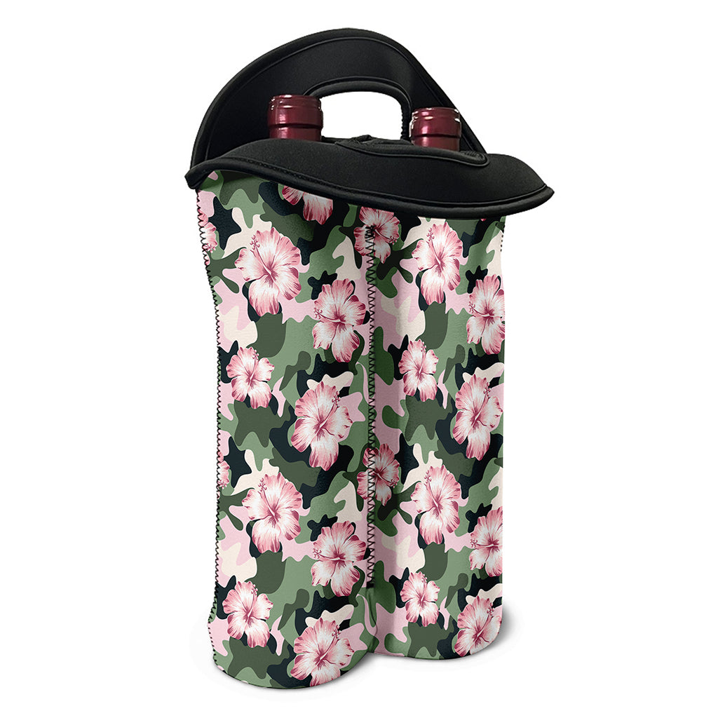 Pink Hibiscus Flower Camouflage Print Double Neoprene Wine Tote