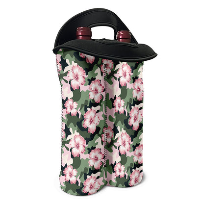 Pink Hibiscus Flower Camouflage Print Double Neoprene Wine Tote