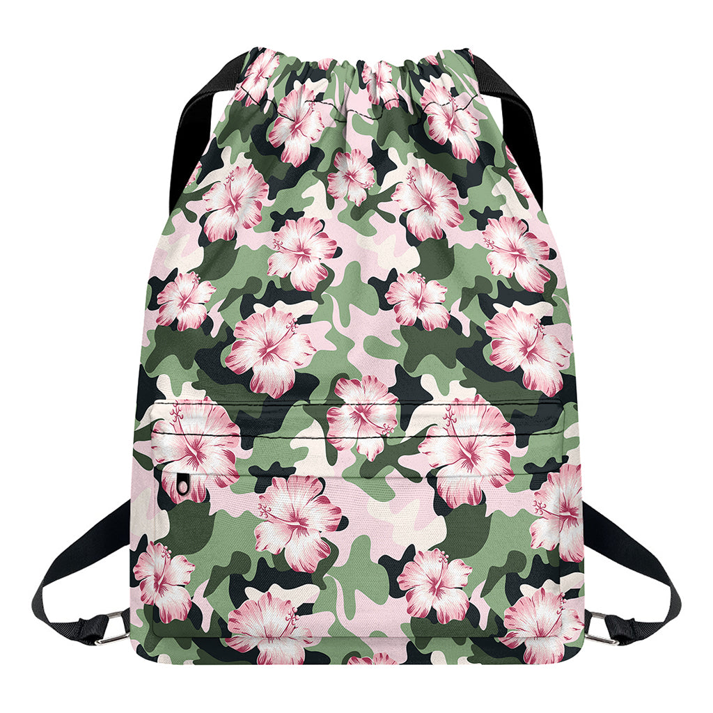 Pink Hibiscus Flower Camouflage Print Drawstring Backpack
