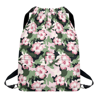 Pink Hibiscus Flower Camouflage Print Drawstring Backpack