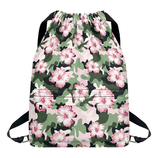 Pink Hibiscus Flower Camouflage Print Drawstring Backpack