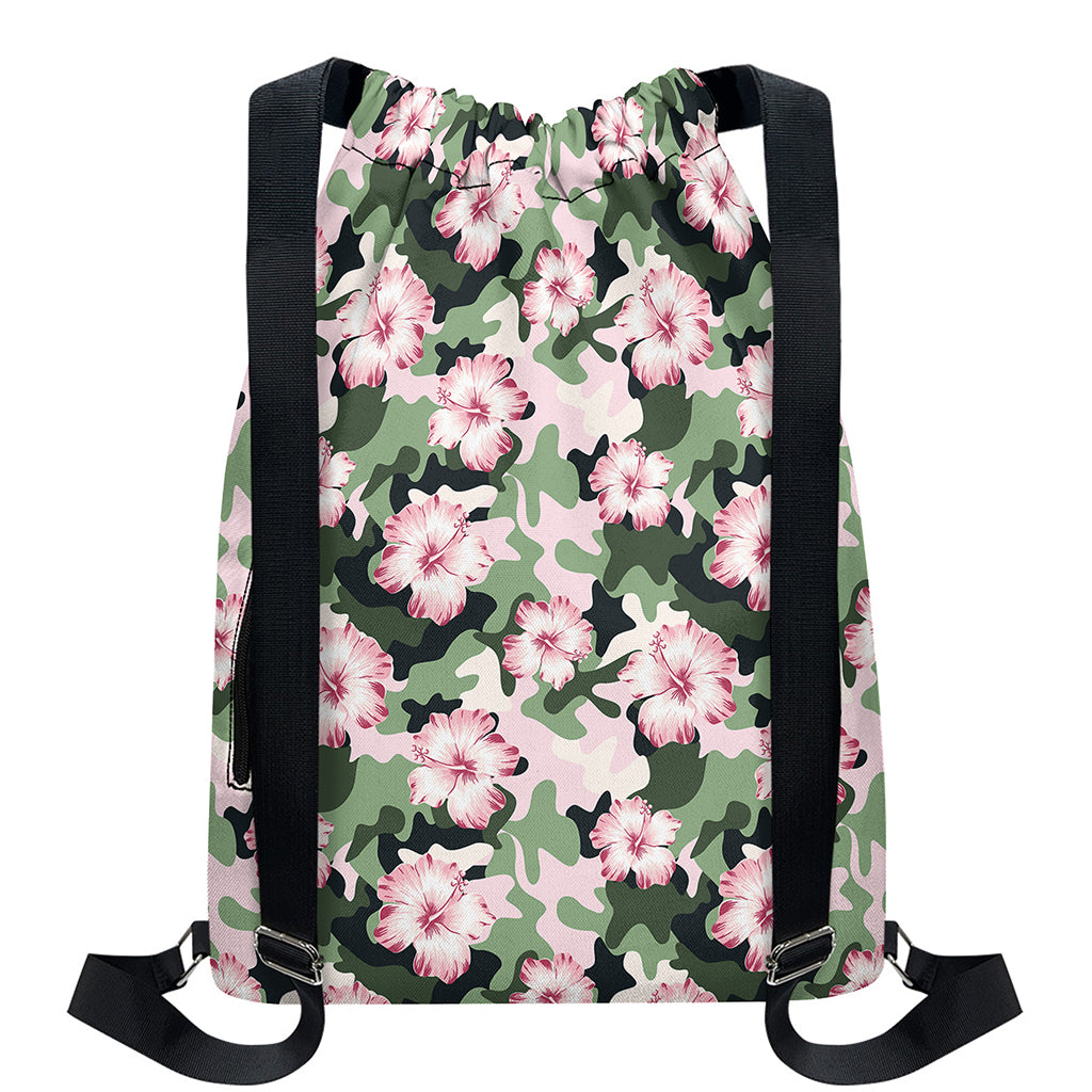 Pink Hibiscus Flower Camouflage Print Drawstring Backpack