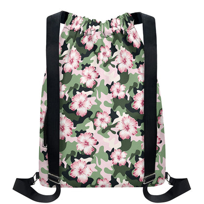 Pink Hibiscus Flower Camouflage Print Drawstring Backpack