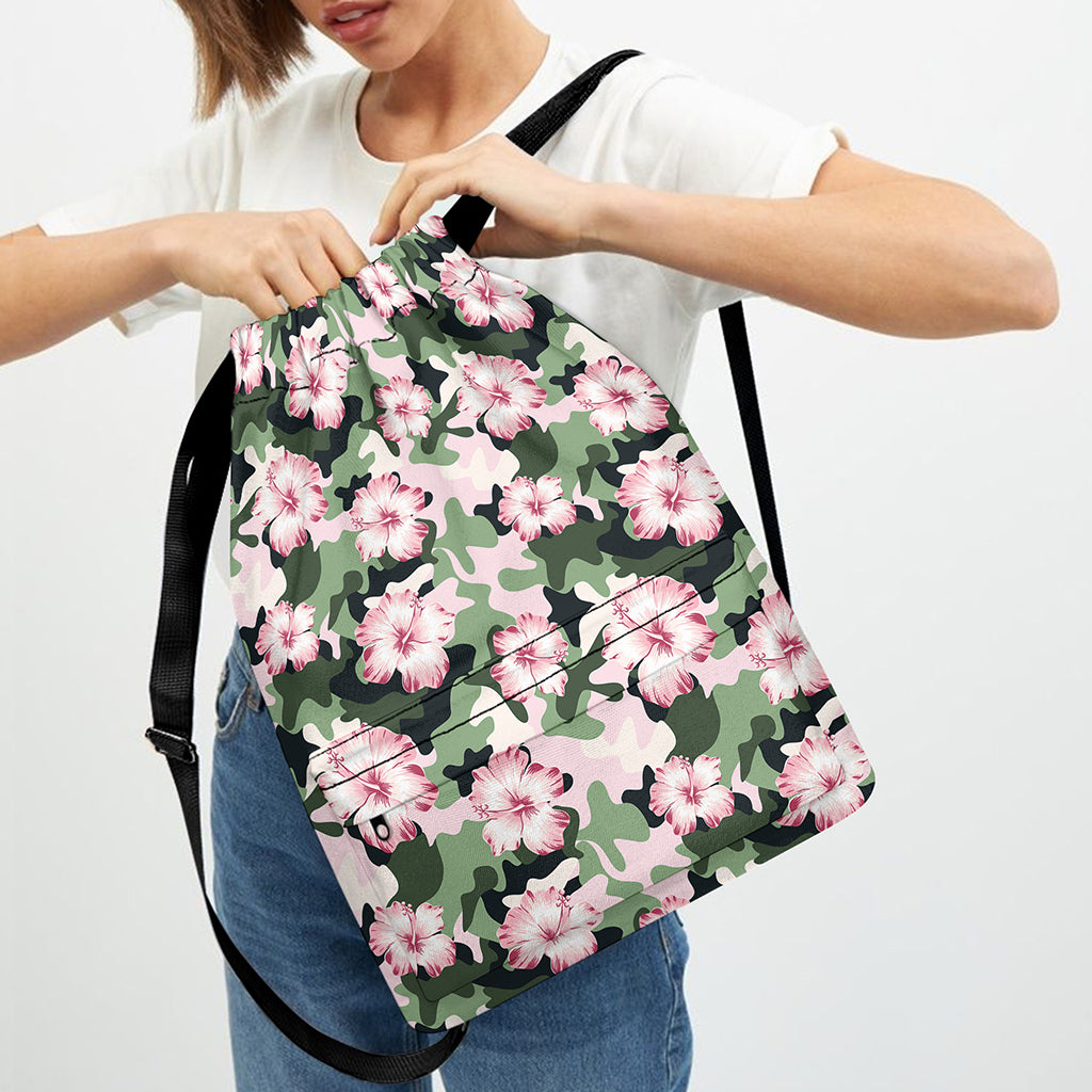 Pink Hibiscus Flower Camouflage Print Drawstring Backpack