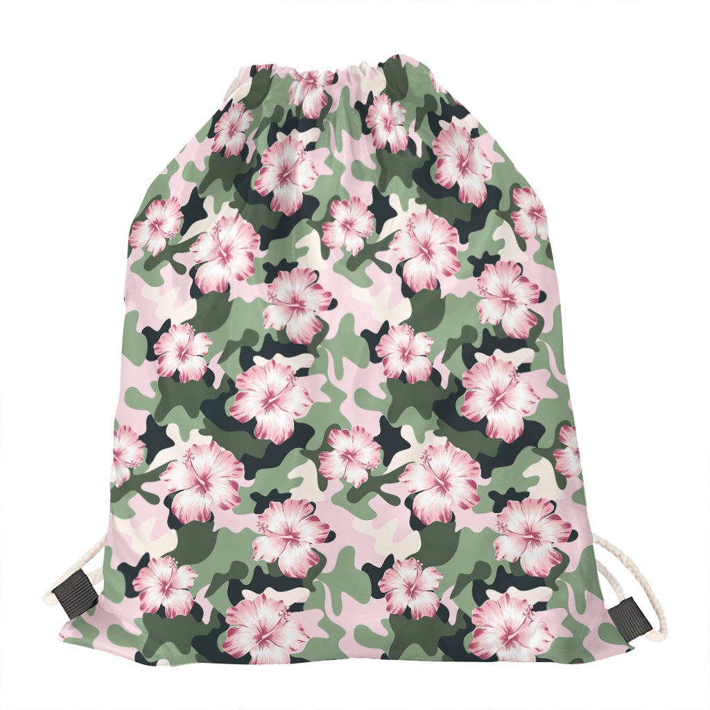 Pink Hibiscus Flower Camouflage Print Drawstring Bag