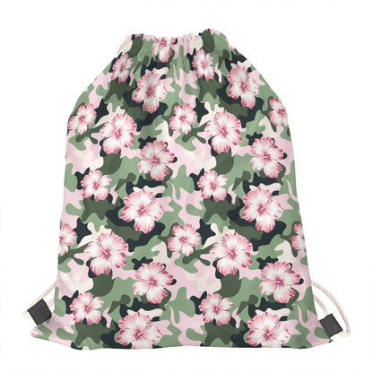 Pink Hibiscus Flower Camouflage Print Drawstring Bag