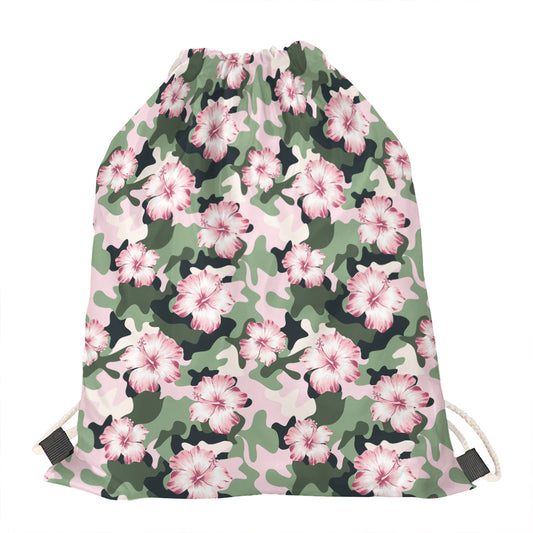 Pink Hibiscus Flower Camouflage Print Drawstring Bag