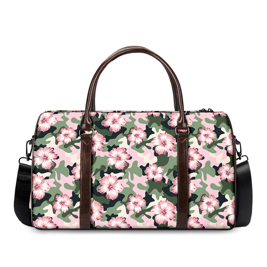 Pink Hibiscus Flower Camouflage Print Duffle Bag