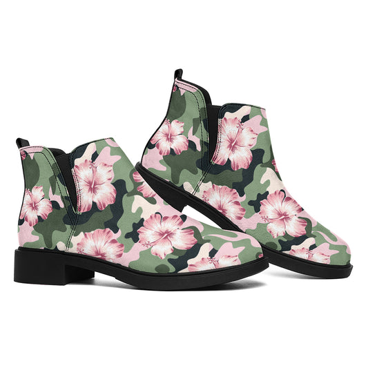 Pink Hibiscus Flower Camouflage Print Flat Ankle Boots