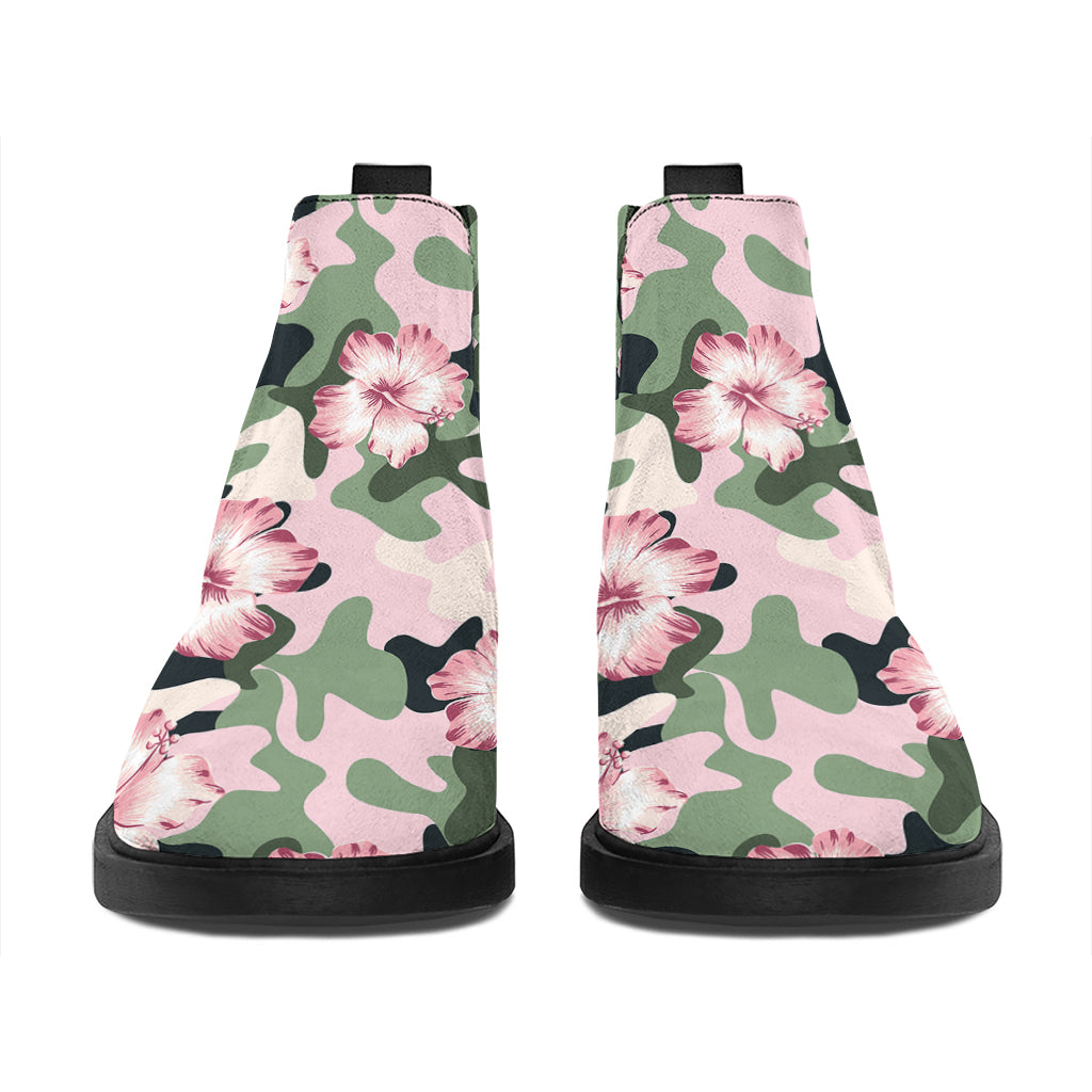 Pink Hibiscus Flower Camouflage Print Flat Ankle Boots