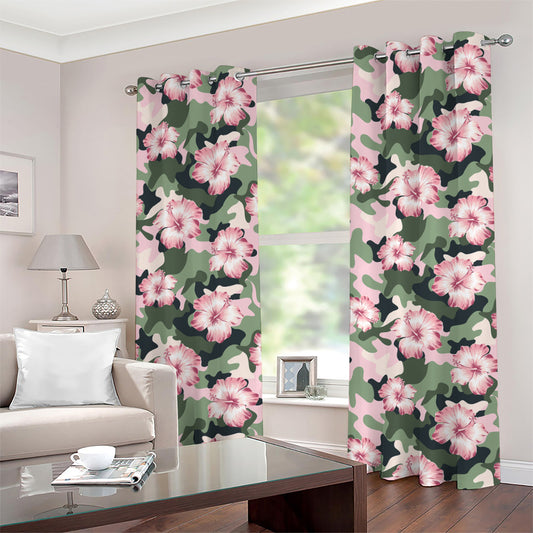 Pink Hibiscus Flower Camouflage Print Grommet Curtains