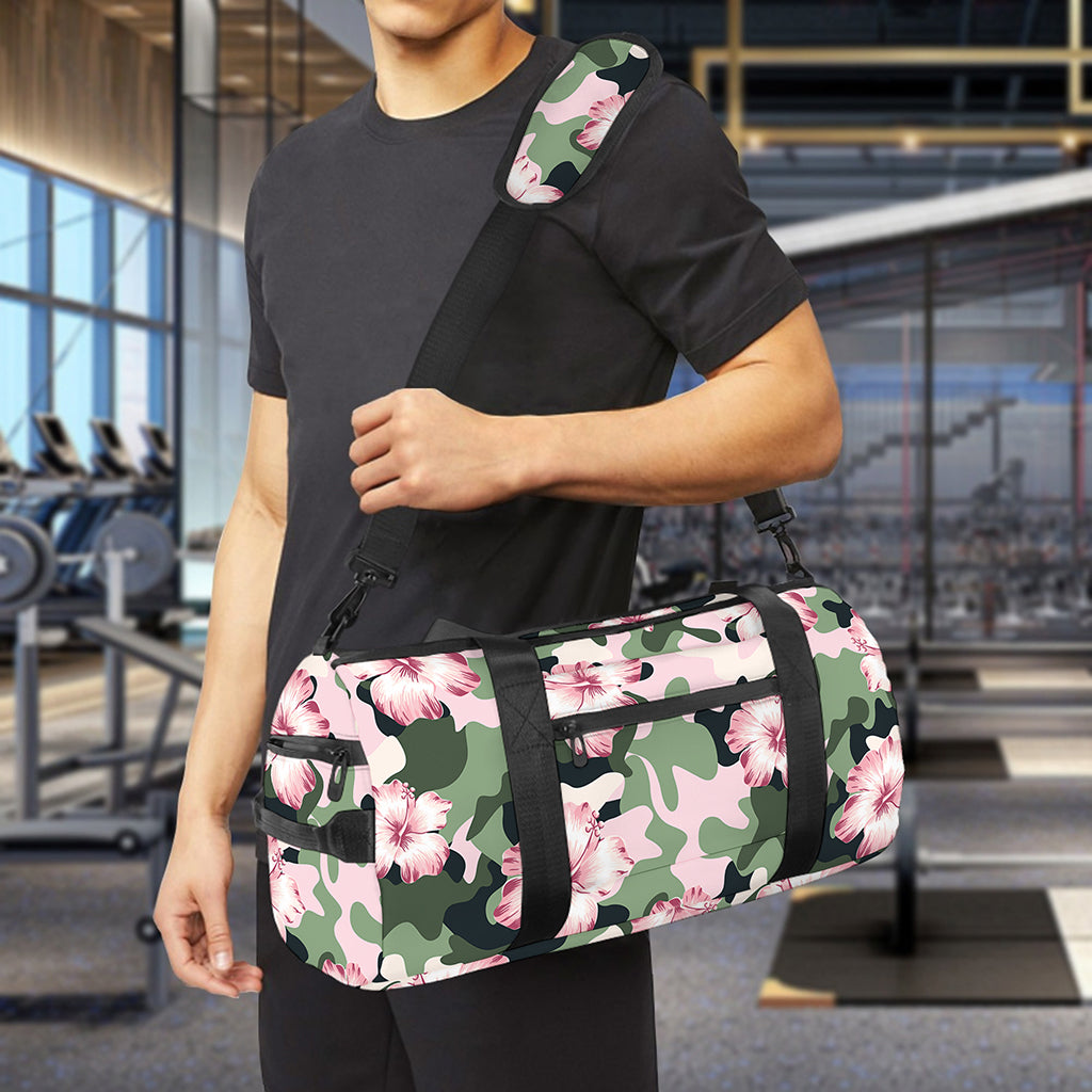Pink Hibiscus Flower Camouflage Print Gym Bag
