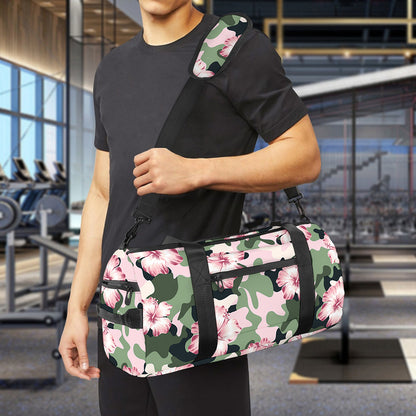 Pink Hibiscus Flower Camouflage Print Gym Bag