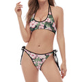 Pink Hibiscus Flower Camouflage Print Halter Scoop Tie Side Bikini